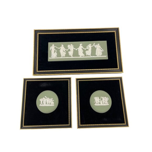 Wedgwood Green Jasperware Framed Dancing Hours Plaque  2 Cherubs Putti Plaques - Picture 1 of 16